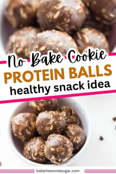 no bake cookie protein balls are in a white bowl