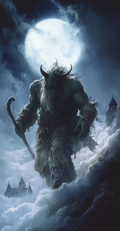 an illustration of a troll with long hair and horns walking through the clouds in front of a full moon