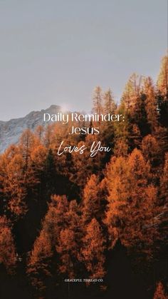 the words daily reminder jesus loves you are surrounded by trees with orange and yellow leaves