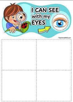 a card with an image of a boy looking through a magnifying glass and the words i can see with my eyes