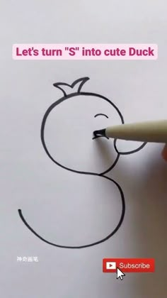 someone is drawing a bird with a pencil on the paper and it says, let's turn 3'into cute duck