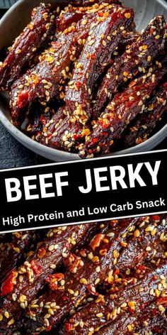 beef jerry high protein and low carb snack in a bowl with text overlay