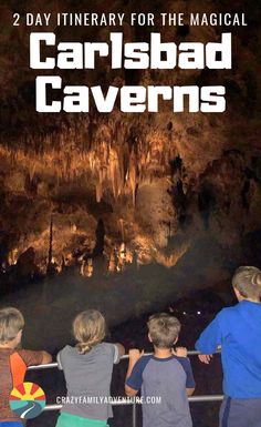 three children looking out at the cave in carlsbad cavern, with text overlaying