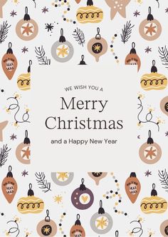 merry christmas and a happy new year greeting card with ornaments on white background, illustration