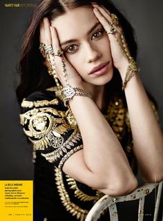 Kalki Koechlin in French Vanity Fair - Abu Jani Sandeep Khosla and hathphools by Amrapali. Shop for your wedding trousseau, with a personal shopper & stylist in India - Bridelan, visit our website www.bridelan.com #Bridelan Bridal Hand Jewelry Indian, Embellished Outfit, French Vanity, Kalki Koechlin, Golden Accessories, Nude Makeup, Wedding Bridal Jewellery, Indian Ethnic Wear