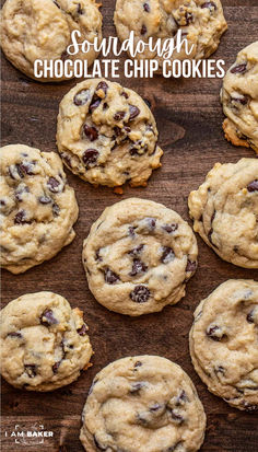 chocolate chip cookies on a wooden board with text overlay