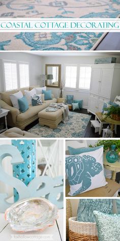 coastal cottage decorating collage with blue and white accents in the living room, dining room, bedroom and family room