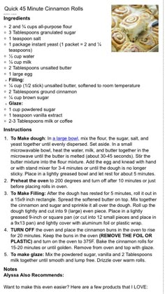 the recipe for cinnamon rolls is shown in this page, which includes instructions to make them