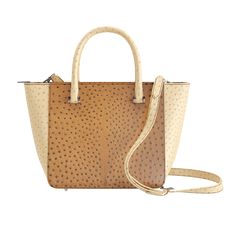 Two Tone Luxury Ostrich Tote - Zelli Handbags Luxury Designer Bags With Gold-tone Hardware, Luxury Gold Bags With Gold-tone Hardware, Luxury Tote Bag With Gold-tone Hardware, Luxury Textured Leather Tan Bags, Luxury Tan Textured Leather Bags, Luxury Hand-stitched Brown Bag, Luxury Brown Hand-stitched Bags, Cream Tones, Ostrich Leather