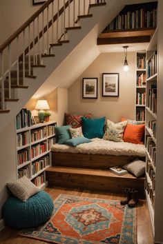 a living room filled with lots of books on top of a hard wood floor next to a stair case