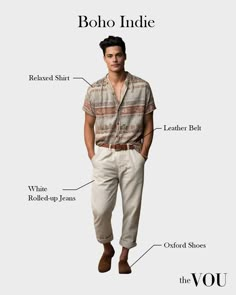 This style includes clean lines, neutral color palettes, vintage-inspired high-waist denim, and loose, relaxed shirts. Boho Indie style focuses less on intricate patterns and more on creating a relaxed, effortlessly aesthetic. Indie Male Aesthetic, Old Money Bohemian, Boho Style Men Outfits, Bohemian Aesthetic Outfit Men, Boho Style Outfits Men, Boho Men Style Bohemian