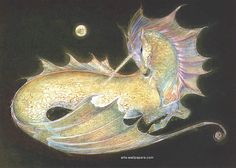 a drawing of a dragon with its tail curled up in the air, next to a full moon