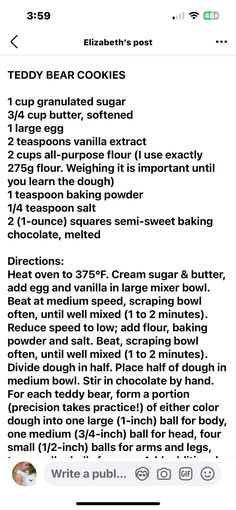 the recipe for teddy bear cookies is shown on an iphone screen, and it appears to be