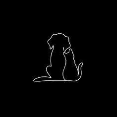 a dog and a cat sitting side by side on a black background with white outline