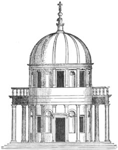 an old drawing of a building with columns and a dome