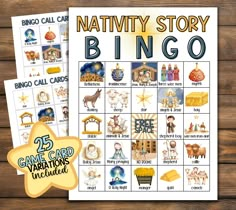 the nativity story bingo game is shown on top of a wooden table with a star