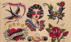 an old school tattoo design with roses and birds