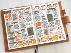 an open planner with oranges and words on it