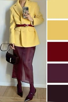 Burgundy And Yellow Outfit, Retro One Piece Swimsuits, Pantone Fall, Colour Blocking Fashion, Burgundy Outfit