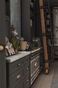 a kitchen with an oven, stove and ladder