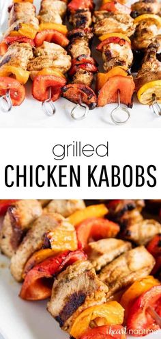 grilled chicken kabobs on a white plate with the title above it in black text