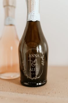 two bottles of wine sitting on top of a table