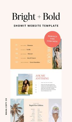 the bright and bold website design is shown in pink, orange, yellow and white