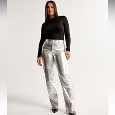 Nwt Abercrombie & Fitch Curve Love Vegan Leather 90s Relaxed Pant Silver Brand New With Tags Silver Leather Pants, Pant Outfits For Women, Heated Clothing, Leather Pants Outfit, Winter Trip, Metallic Jeans, Runway Outfits, Love Jeans, Women's Bottoms