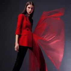 Red-Black Pantsuit With Detachable Veil-Pantsuit-Guocali Red Spring Formal Pantsuit, Red Party Suits For Fall, Red Long Sleeve Suits For Evening, Red Suit For Spring Party, Red Suits For Spring Party, Chic Red Suit For Party, Red Evening Blazer For Spring, Red Tailored Evening Blazer, Tailored Red Evening Blazer