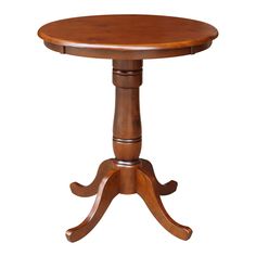 a small wooden table with two legs and a round top on an isolated white background