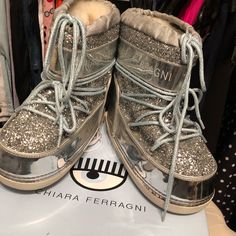 Beautiful Moon Boots Size 38-40, They Are Beautiful Very Stylish, Made In Italy, Great Conditions, Very Comfortable. Comes With Box And Dust Bag Silver Color. Chiara Ferragni Shoes, Bag Silver, Moon Boots, Beautiful Moon, Winter Rain, Chia, Rain Boots, Silver Color, Dust Bag