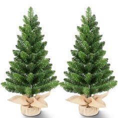 two small christmas trees with bows are shown in front of each other on a white background