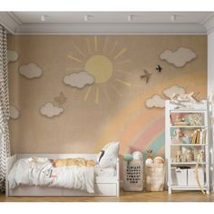 a child's bedroom decorated in neutral colors with clouds and rainbows painted on the wall