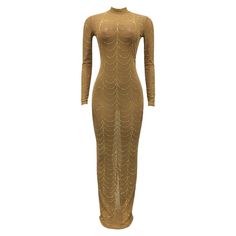 This Mock Neck Mermaid Hem Mesh Bodycon Dress is the perfect choice for making a statement. Crafted from a comfortable fabric and designed with a maxi length, long sleeves and beautiful rhinestone decor, it's a perfect piece to make you feel luxuriously elegant. Fit Type: Regular Fit Fabric: Medium Stretch Material: Polyester, Elastane Stretch Long Sleeve Long Dress For Party, Embellished Stretch Long Sleeve Dress, Stretch Maxi Length Long Sleeve Party Dress, Embellished Stretch Bodycon Dress With Long Sleeves, Embellished Long Sleeve Stretch Dress, Gold Long Sleeve Maxi Dress For Fall, Stretch Full-length Long Sleeve Party Dress, Embellished Long Sleeve Maxi Dress For Fall, Fitted Gold Maxi Dress For Fall