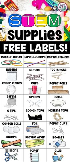 FREE STEM Supply Labels for Makerspaces, STEM Shelves, Cabinets, or Carts! | Classroom Organization | STEM Challenges Fun After School Activities For Kids, Stem Centers, Steam Lab, Kindergarten Stem, Makerspace Ideas, Organization Supplies