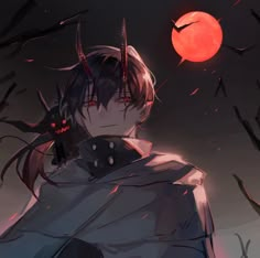 an anime character standing in front of the sun with horns on his head and eyes closed