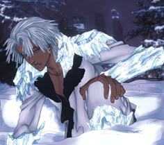 an anime character with white hair and black clothes in the snow, holding his hand up to his face