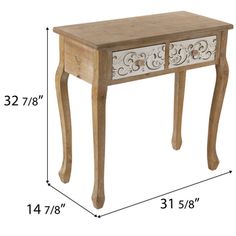 a wooden table with two drawers and one drawer on each side, measurements for the legs