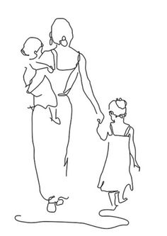 a continuous drawing of a woman holding the hands of two children, and an adult standing next to her