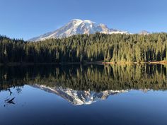 a mountain is reflected in the still water of a lake with trees on both sides