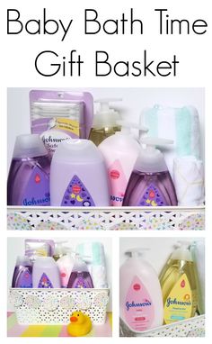 baby bath time gift basket with bottles and soaps