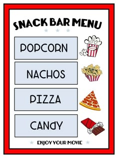 a sign that says snack bar menu with pictures of food and drinks on it, including pizza