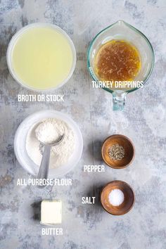 ingredients to make turkey broth in small bowls on a gray background with words above them