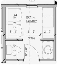 a bathroom floor plan with measurements for the bath and laundry areas, including an open shower