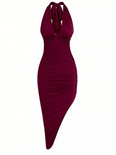 Summer Sexy Solid Color Sleeveless Dress With Draped Asymmetrical Hem, Halter Neck And Slim Fit Strap Burgundy Elegant,Sexy  Sleeveless Knitted Fabric Plain Bodycon Medium Stretch  Women Clothing, size features are:Bust: ,Length: ,Sleeve Length: Png Clothes Dress, Elegant Mini Dress, Red Bodycon Dress, Women Midi, Dress For Short Women, Fashion Design Clothes, Teenage Fashion Outfits, Midi Dress Bodycon, Asymmetrical Hem