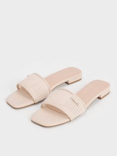 Cream Mesh Knitted Slide Sandals - CHARLES & KEITH US Summer Vacation Mules With Square Toe, Chic Beach Slides With Square Toe, Casual Summer Slides With Block Heel, Casual Block Heel Slides For Summer, Casual Block Heel Summer Slides, Square Toe Mules For Beach And Summer, Summer Beach Mules With Square Toe, Casual Square Toe Slides For Summer, Synthetic Block Heel Slides For Beach