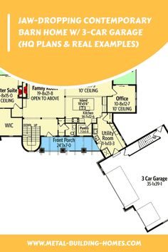 the floor plan for a home with three garages and two separate rooms, including an office