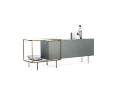 the sideboard is made out of metal and has an open shelf on one side