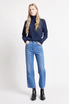 Levi's Ribcage Cropped Bootcut Jeans Jazz Icon | Karen Walker Levis Ribcage Jeans Outfit, Levis Ribcage Jeans, Cropped Bootcut Jeans, Cropped Jeans Outfit, Levi's Ribcage, Ribcage Jeans, Levis Outfit, Levis Ribcage, Dark Blue Denim Jeans