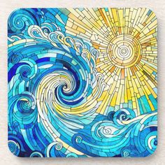 the sun is shining brightly in this stained glass coaster with blue and yellow swirls